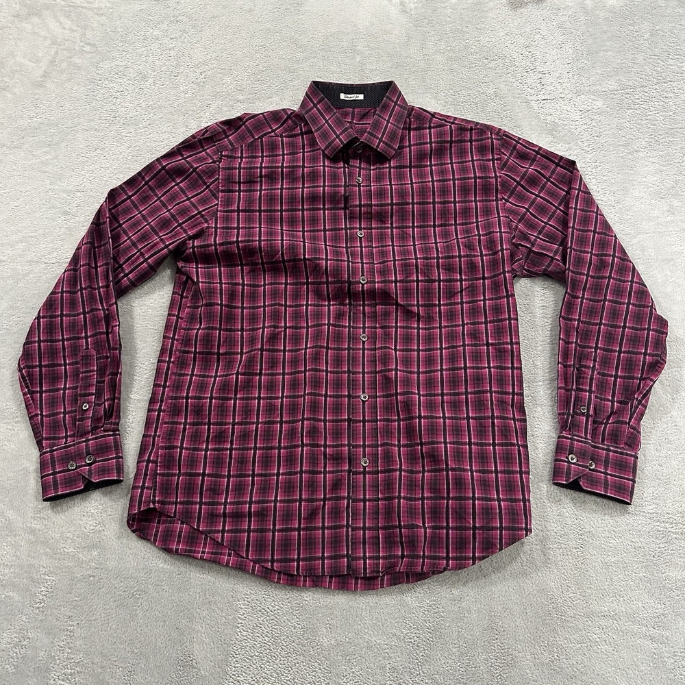 Bugatchi Uomo Shaped Fit Button Shirt Long Sleeve Pink Men Large Plaid Luxe